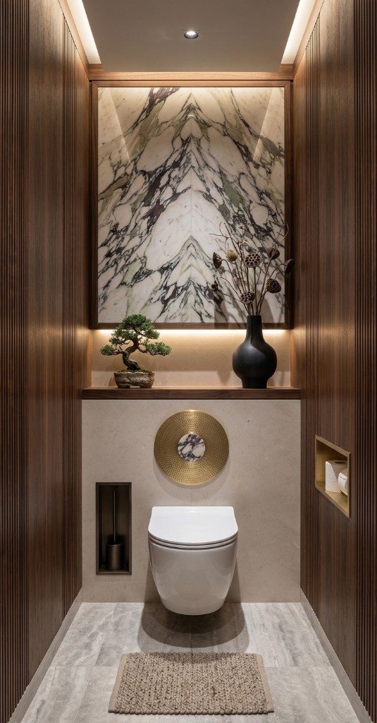 Compact luxury powder room with marble wall feature