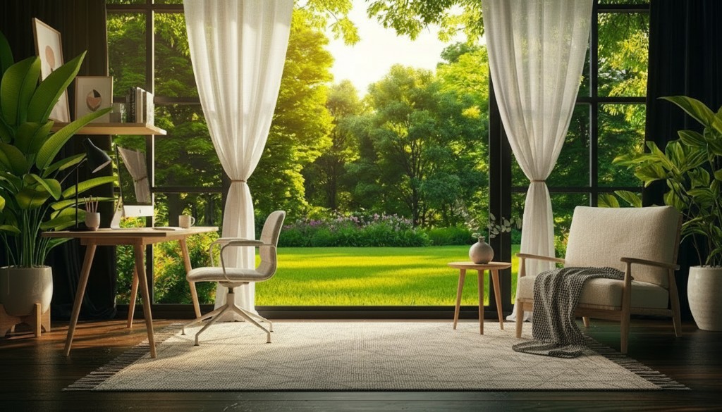 Bright AI-designed home office with garden view
